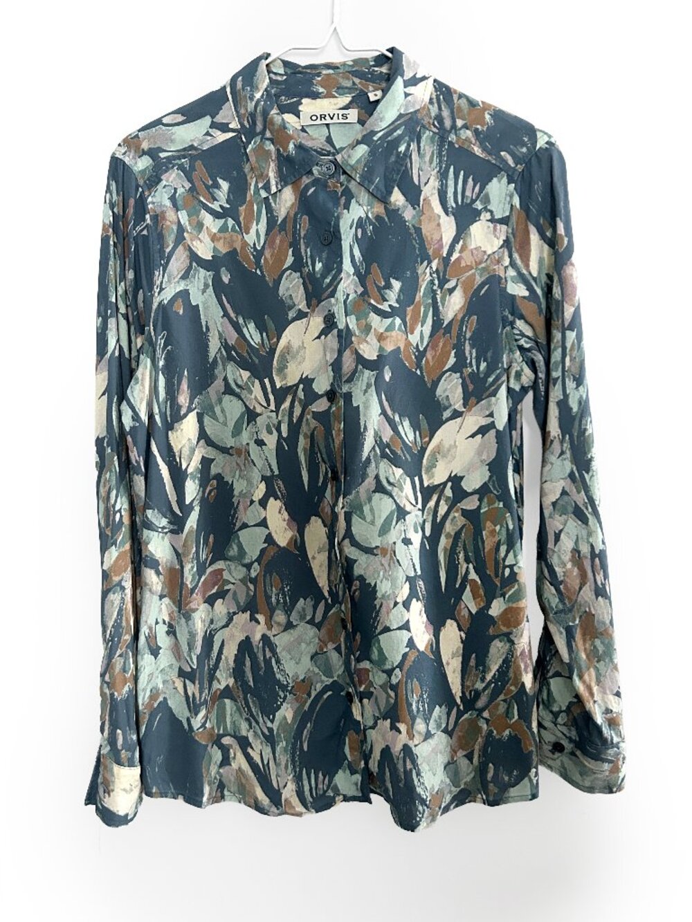 Orvis 100% Silk Artsy Floral Abstract Blouse Button Down Women's Size S